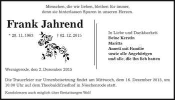 Traueranzeige von Frank Jahrend  von Magdeburger Volksstimme