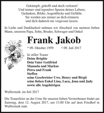 Traueranzeige von Frank Jakob  von Magdeburger Volksstimme