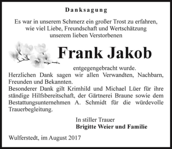 Traueranzeige von Frank Jakob  von Magdeburger Volksstimme