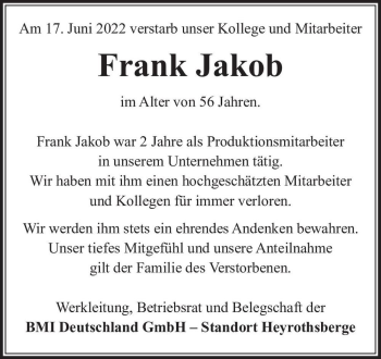Traueranzeige von Frank Jakob  von Magdeburger Volksstimme