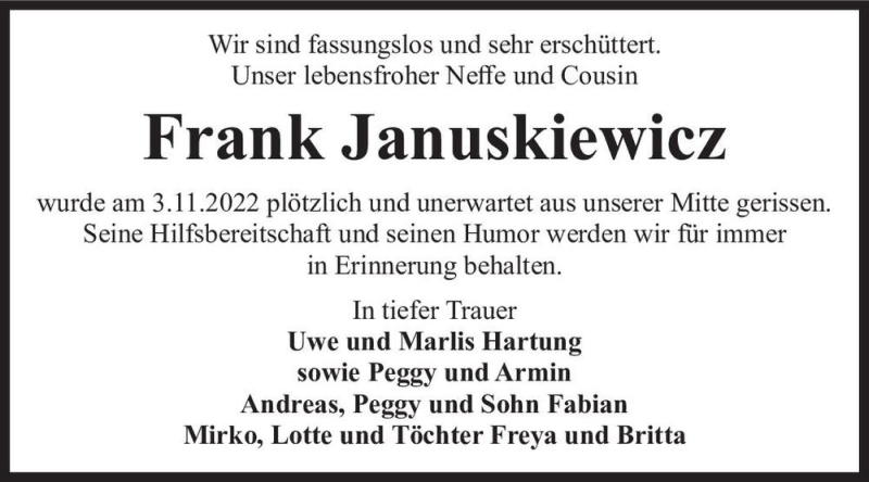  Traueranzeige für Frank Januskiewicz  vom 12.11.2022 aus Magdeburger Volksstimme