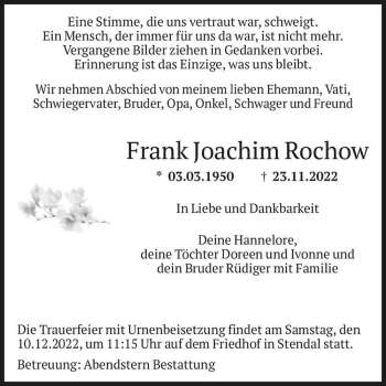 Traueranzeige von Frank Joachim Rochow  von Magdeburger Volksstimme