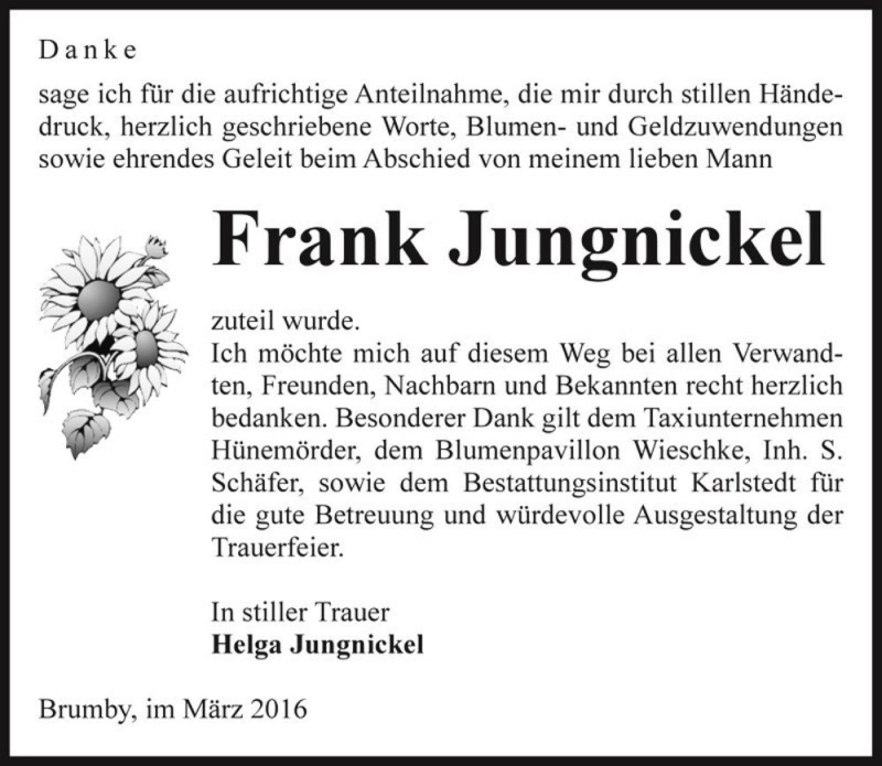  Traueranzeige für Frank Jungnickel  vom 19.03.2016 aus Magdeburger Volksstimme