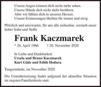 Traueranzeige von Frank Kaczmarek  von Magdeburger Volksstimme