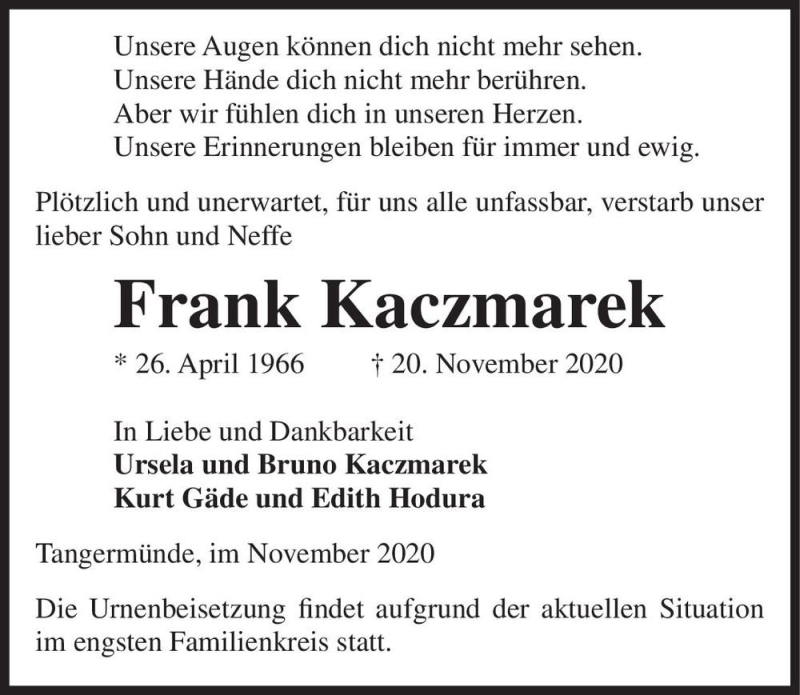  Traueranzeige für Frank Kaczmarek  vom 28.11.2020 aus Magdeburger Volksstimme