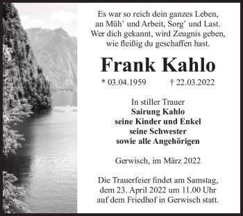 Traueranzeige von Frank Kahlo  von Magdeburger Volksstimme