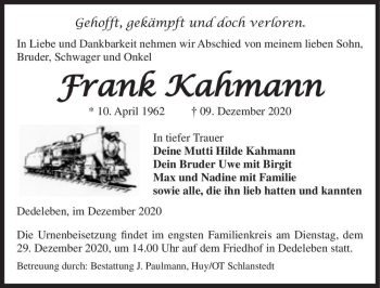 Traueranzeige von Frank Kahmann  von Magdeburger Volksstimme