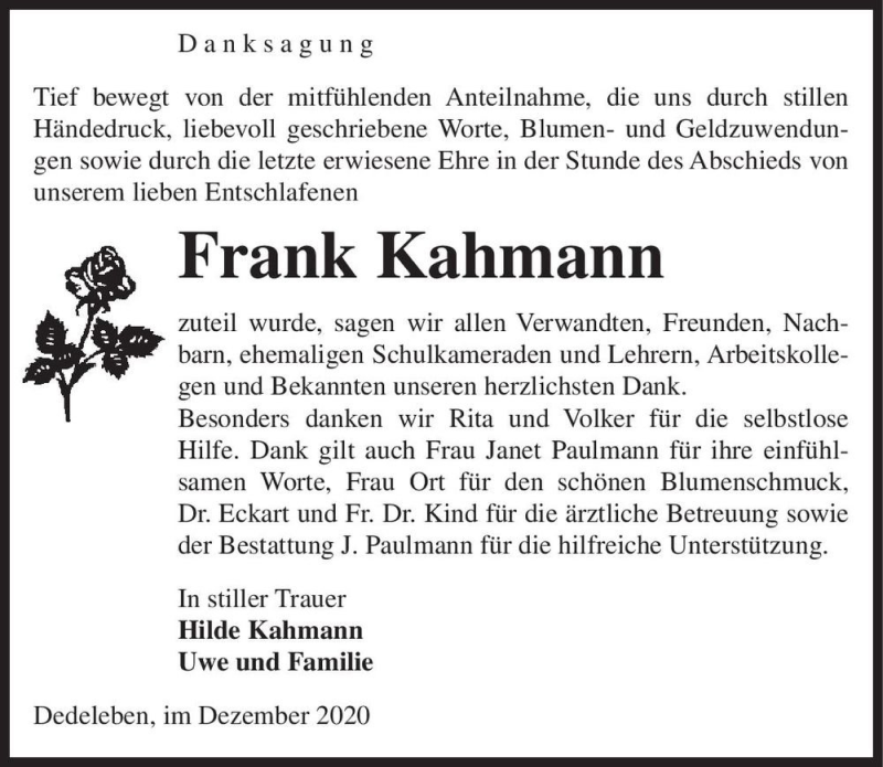  Traueranzeige für Frank Kahmann  vom 09.01.2021 aus Magdeburger Volksstimme
