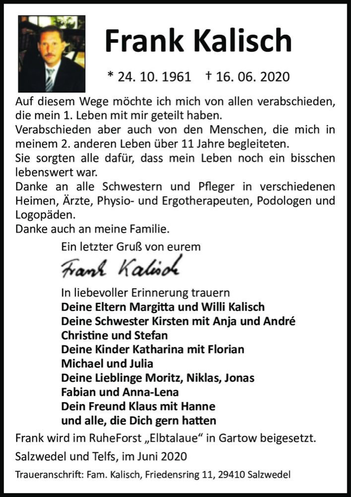  Traueranzeige für Frank Kalisch  vom 27.06.2020 aus Magdeburger Volksstimme