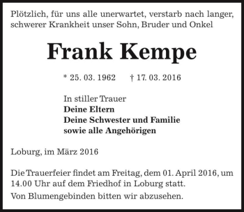 Traueranzeige von Frank Kempe  von Magdeburger Volksstimme