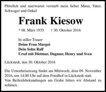 Traueranzeige von Frank Kiesow  von Magdeburger Volksstimme