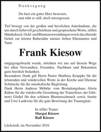 Traueranzeige von Frank Kiesow  von Magdeburger Volksstimme