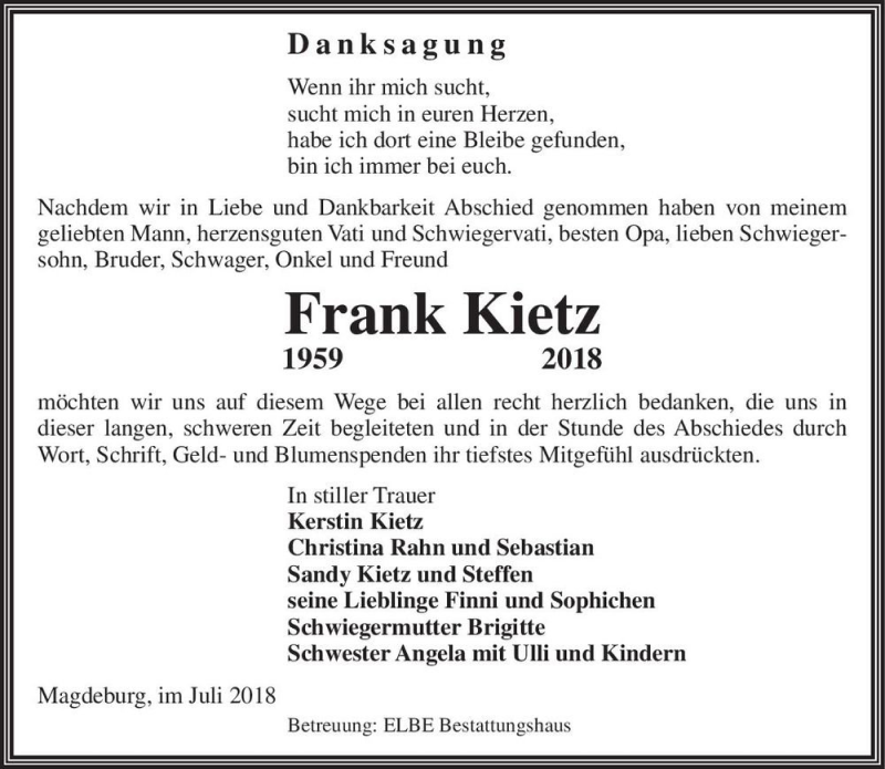  Traueranzeige für Frank Kietz  vom 28.07.2018 aus Magdeburger Volksstimme