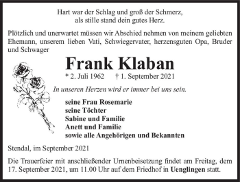 Traueranzeige von Frank Klaban  von Magdeburger Volksstimme