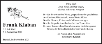 Traueranzeige von Frank Klaban  von Magdeburger Volksstimme