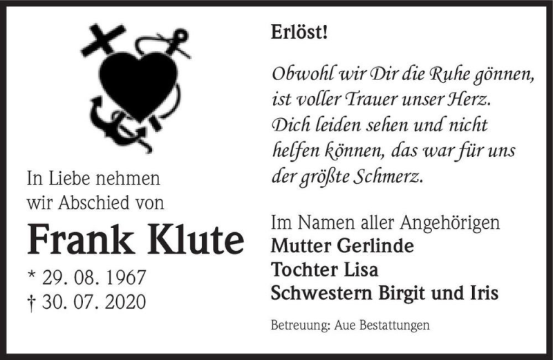  Traueranzeige für Frank Klute  vom 08.08.2020 aus Magdeburger Volksstimme