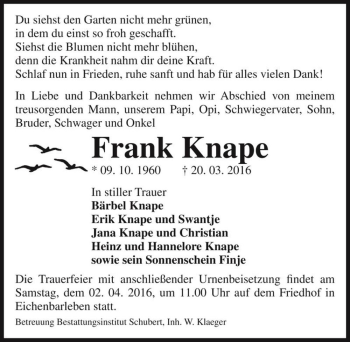 Traueranzeige von Frank Knape  von Magdeburger Volksstimme