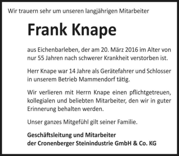 Traueranzeige von Frank Knape  von Magdeburger Volksstimme