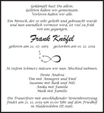 Traueranzeige von Frank Knöfel  von Magdeburger Volksstimme
