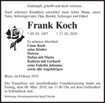 Traueranzeige von Frank Koch  von Magdeburger Volksstimme