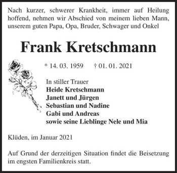 Traueranzeige von Frank Kretschmann  von Magdeburger Volksstimme