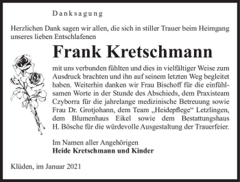Traueranzeige von Frank Kretzschmann  von Magdeburger Volksstimme