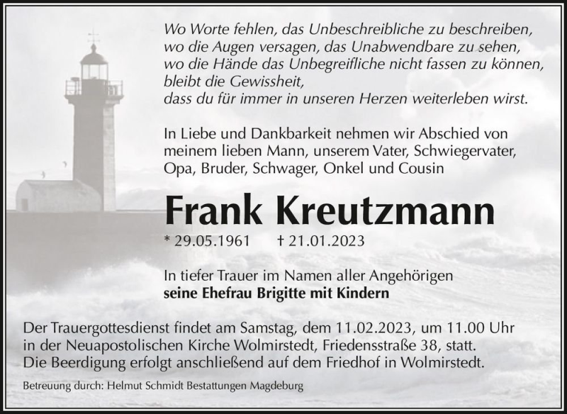  Traueranzeige für Frank Kreutzmann  vom 04.02.2023 aus Magdeburger Volksstimme