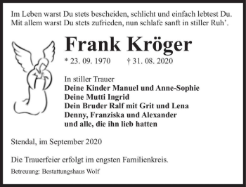 Traueranzeige von Frank Kröger  von Magdeburger Volksstimme