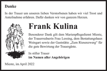 Traueranzeige von Frank Kulina  von Magdeburger Volksstimme