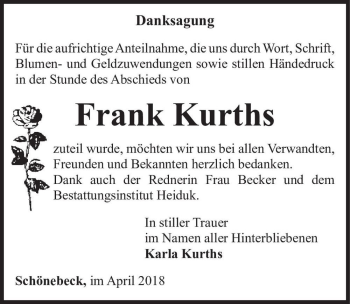 Traueranzeige von Frank Kurths  von Magdeburger Volksstimme