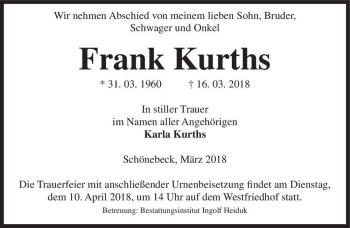 Traueranzeige von Frank Kurths  von Magdeburger Volksstimme