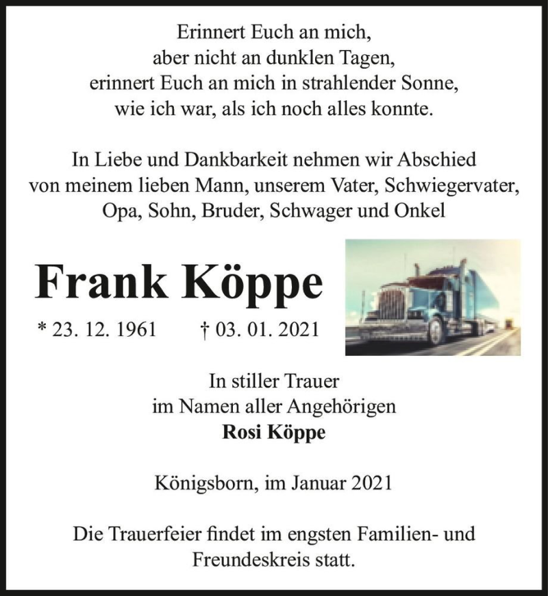  Traueranzeige für Frank Köppe  vom 16.01.2021 aus Magdeburger Volksstimme