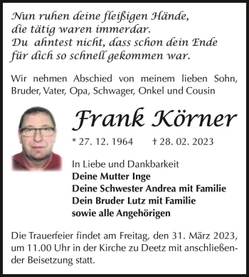 Traueranzeige von Frank Körner  von Magdeburger Volksstimme