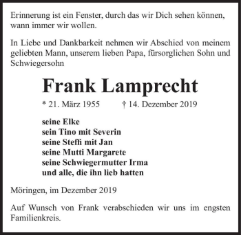 Traueranzeige von Frank Lamprecht  von Magdeburger Volksstimme