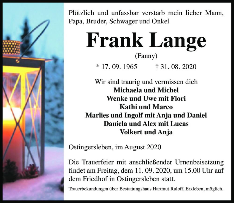 Traueranzeige für Frank Lange  vom 04.09.2020 aus Magdeburger Volksstimme
