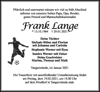 Traueranzeige von Frank Lange  von Magdeburger Volksstimme