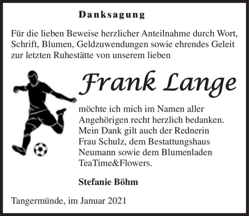  Traueranzeige für Frank Lange  vom 27.02.2021 aus Magdeburger Volksstimme