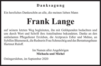 Traueranzeige von Frank Lange  von Magdeburger Volksstimme