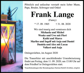 Traueranzeige von Frank Lange  von Magdeburger Volksstimme