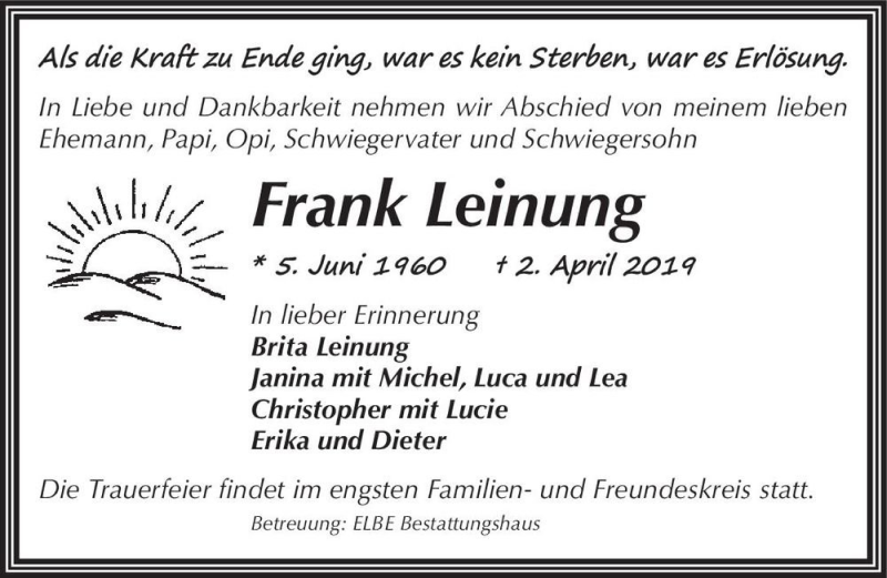  Traueranzeige für Frank Leinung  vom 06.04.2019 aus Magdeburger Volksstimme