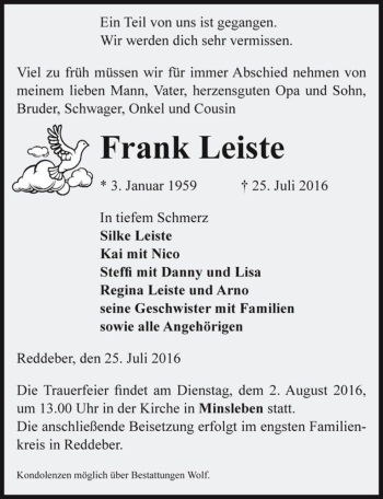 Traueranzeige von Frank Leiste  von Magdeburger Volksstimme