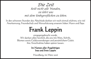 Traueranzeige von Frank Leppin  von Magdeburger Volksstimme