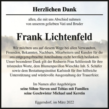 Traueranzeige von Frank Lichtenfeld  von Magdeburger Volksstimme