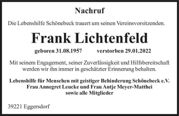 Traueranzeige von Frank Lichtenfeld  von Magdeburger Volksstimme