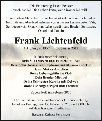 Traueranzeige von Frank Lichtenfeld  von Magdeburger Volksstimme