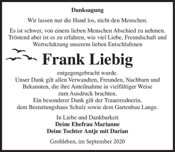 Traueranzeige von Frank Liebig  von Magdeburger Volksstimme