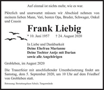 Traueranzeige von Frank Liebig  von Magdeburger Volksstimme