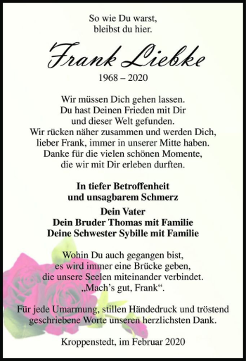 Traueranzeige von Frank Liebke  von Magdeburger Volksstimme
