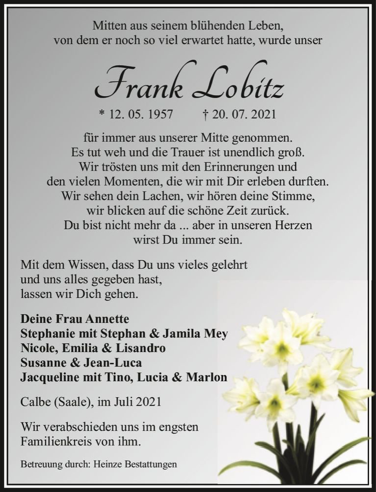  Traueranzeige für Frank Lobitz  vom 31.07.2021 aus Magdeburger Volksstimme