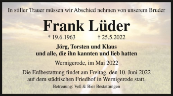 Traueranzeige von Frank Lüder  von Magdeburger Volksstimme